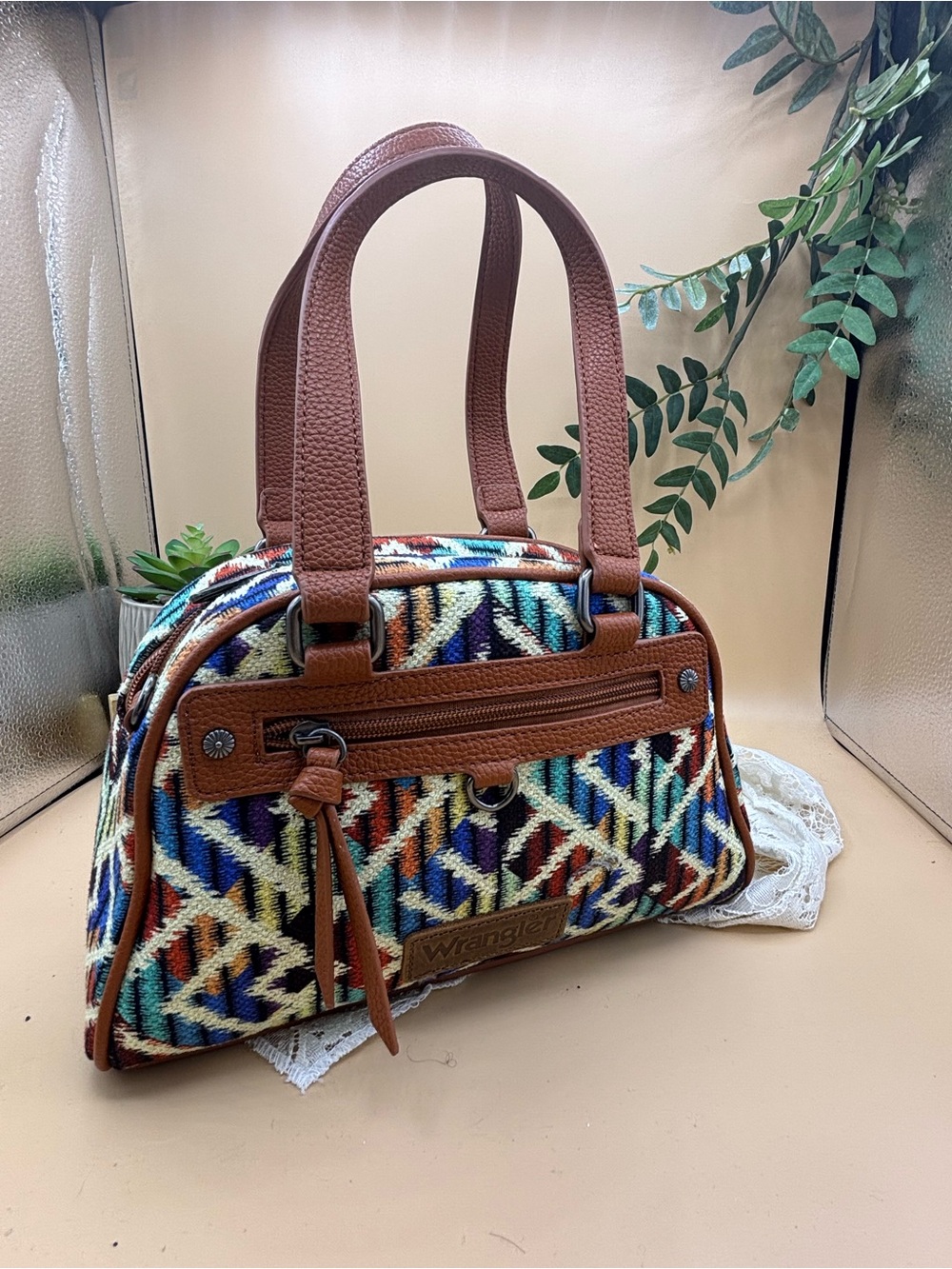 Wrangler Southwestern Aztec Mini Satchel Crossbody Bag Multicolor Brown